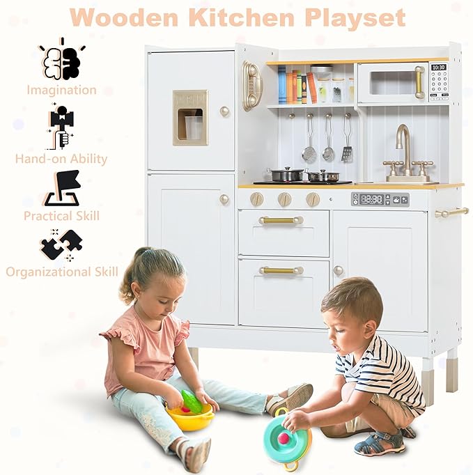 Play Kitchen for Kids, Wooden Kids Kitchen Playset with Realistic Sounds, Children Pretend Toy Kitchen Playset w/Stove, Oven & Ice Maker, Little Chef Play Kitchen for Girls and Boys, White