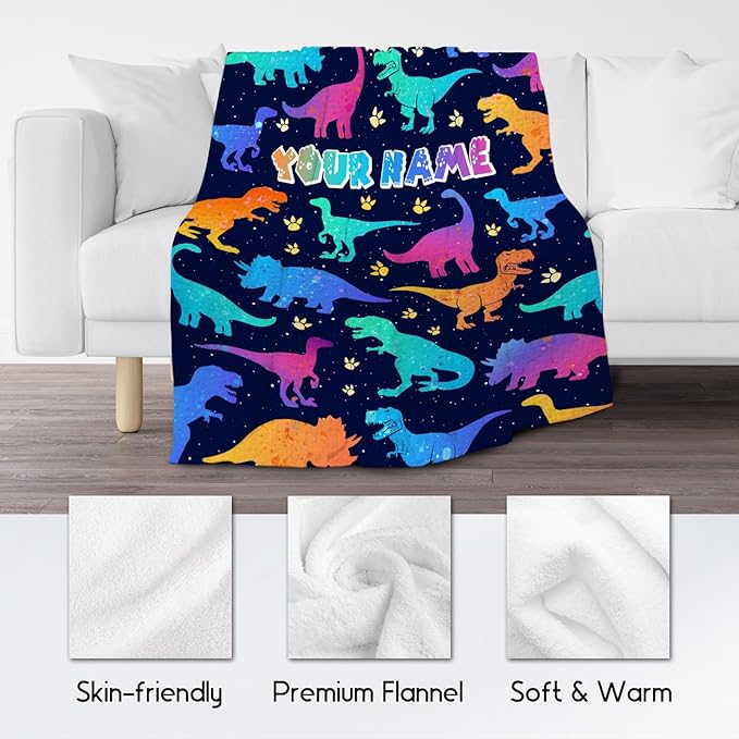 Personalized Kids Blanket, Kids Dinosaur Blanket for Boys, Dinosaur Gifts for Children Adults, 50"x60" Custom Flannel Throw for Couch Sofa Bed, Soft Fuzzy Cozy Girls Gifts Room Decor
