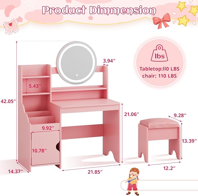 Vabches Kids Vanity with Lights, Princess Makeup Vanity Desk with Open Bookshelf, Storage Cabinet & Shelves, Toddler Vanity Table and Chair Set, Pretend Play Vanity Set for Little Girls, Pink