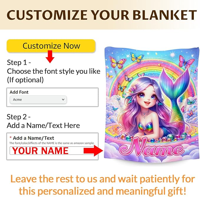 Kids Blanket for Girls Personalized Mermaid Gifts for Daughter, Custom 60x50 Inches Cozy Fluffy Rainbow Mermaid Blankets Throws for Bedroom Couch Camping Living Room