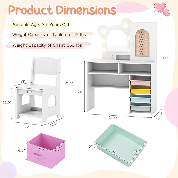 Costzon Kids Vanity with Lights, Girls Vanity Set with Mirror, Storage Drawers, Cabinet & Shelves, Toddler Makeup Vanity Desk Dressing Table, Wooden Kids Vanity Table and Chair Set (White)