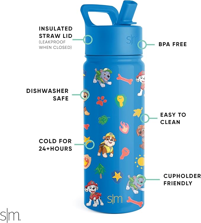 Simple Modern Kids Summit Water Bottle with Straw Lid | Paw Patrol 18oz Stainless Steel Cup Insulated Tumbler for Toddlers, School | Outdoor Adventures
