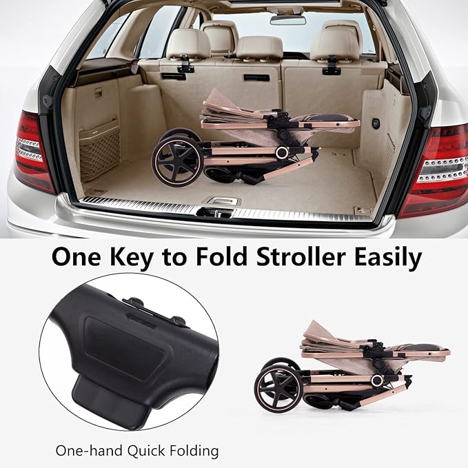 2-in-1 Baby Stroller - Folding Infant Newborn Pram Stroller with Reversible Seat - Toddler Strollers for 0-36 Months Old Babies (Beige)