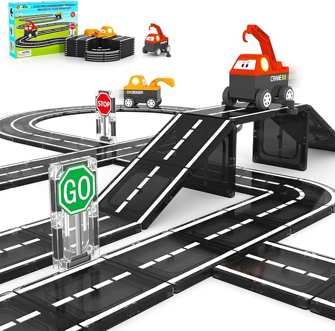 Magnetic Tiles Roads Engineering Vehicle Set, Magnetic Blocks Road Truck Car Toys for 3 4 5 6 Year Old Boys Girls, Cars Games Classroom Montessori Toys for Kids, Educational STEM Toy Birthday Gifts