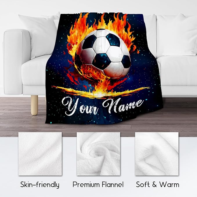 Personalized Soccer Blanket Gifts for Kids - Custom Soccer Gift for Boys 8-12, Sports Throw Blankets for Team Player Adults Men - Soft Plush Girls Throws for Couch, Bed (Blue, 50x60 Inch)