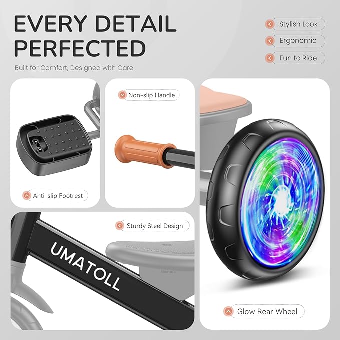 Umatoll Tricycle for Toddlers 2-5 Year Old, Ajustable Toddler Bike Outdoor Toys, Birthday Gift for Boy Age 2-4, Trike with Light up Wheels