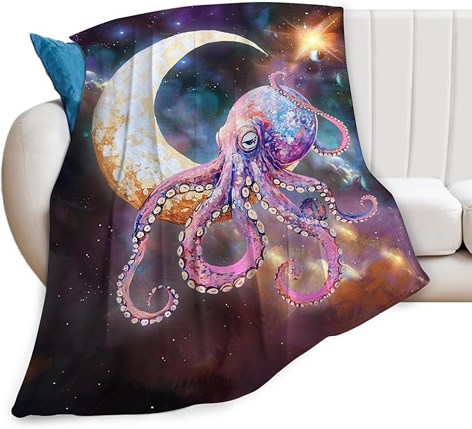 Octopus Blanket Fleece Soft Warm Plush Octopus Moon Galaxy Throw Blanket Lightweight Plush Fuzzy Cozy Funny Animal Blankets for Lover Kids Adult Suitable for Couch Sofa Bed 60"X50"