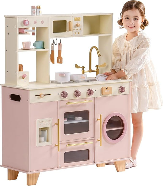 ROBOTIME Kids Play Kitchen, Modern Pretend Wooden Toy Kitchen with Ice Maker, Coffee Maker, Oven, Microwave, Toaster, Stove, Dishwasher & Sink, Complete Kitchen Playset for Ages 3+ (Pink)
