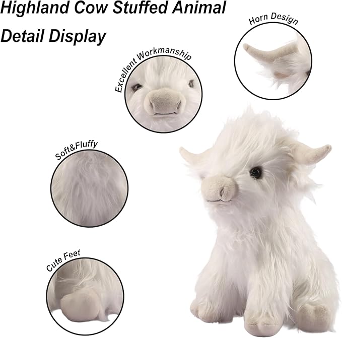 Highland Cow Fluffy Stuffed Animal, 10" Adorable Realistic Plush Toy Soft Cute Cow Plushie Home Decor Gift for Boys Girls Kids Teens Adults, White