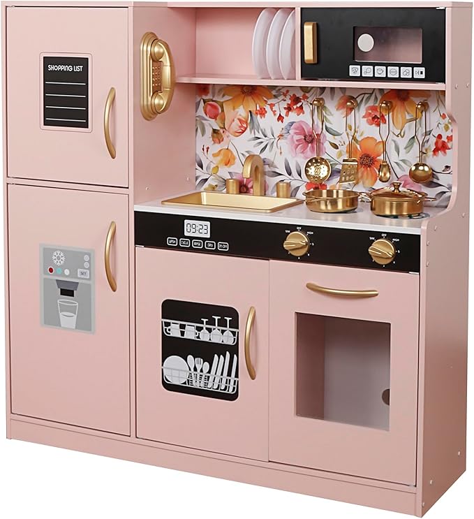 Wooden Play Kitchen Toy Set with Light, Kids Children Pretend Toy Kitchen Playset, Sink Play Toy Oven with Microwave,Toddler Cooking Set Toy for Ages 3+Baby Girls Boys (Pink)