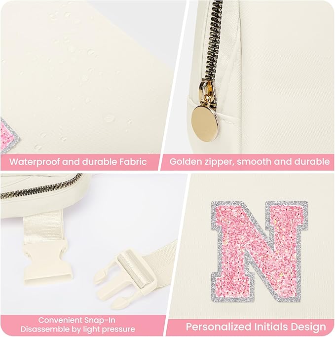 Belt Crossbody Bag for Women for Girls, Fanny Pack for Kids Teen, Small Crossbody Bag for Girl Trendy Everywhere Belt Bags Fashion Monogrammed Waist Packs with Adjustable Strap (Cream,N)