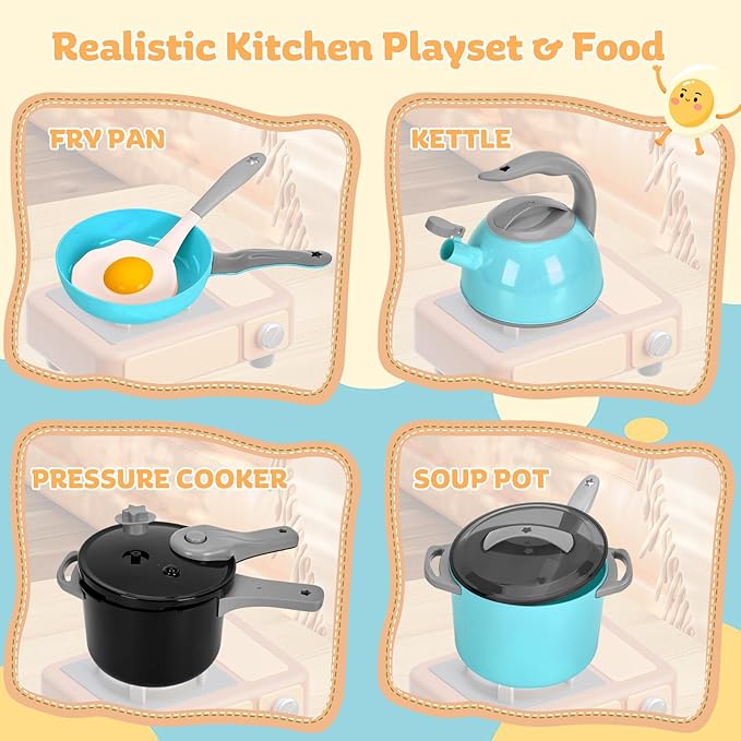 105Pcs Kids Kitchen Toy Accessories, Toddler Pretend BBQ Camping Cooking Playset, Play Pots, Pans, Utensils Cookware Toys, Play Food Set, Vegetables, Learning Gift for Girls Boys (Turquoise)