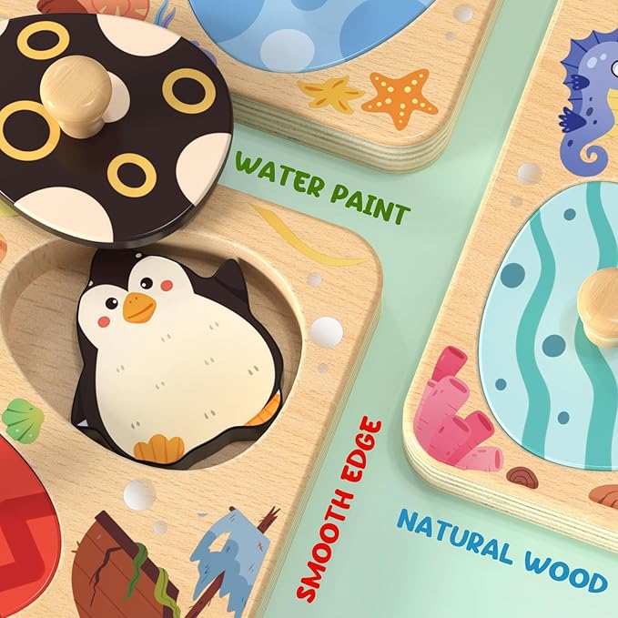 Wooden Puzzles for Toddlers, 8 Pcs Sea Animal Matching Egg Puzzle, Montessori Toys for Boy Girl Easter Birthday Gifts, Preschool Learning Activities & Educational Toys for Boys, Girls