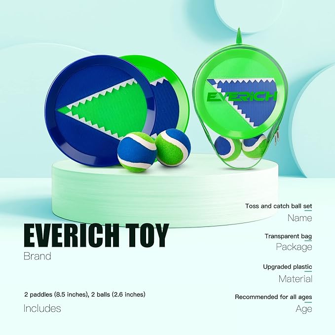 EVERICH Upgraded Toss and Catch Ball Game Set - Indoor and Outdoor Games for Kids 3-12, Beach Sand Pool Water Toy Includes 2 Paddles 2 Sticky Balls, Great Birthday Easter Gifts for Boys Girls