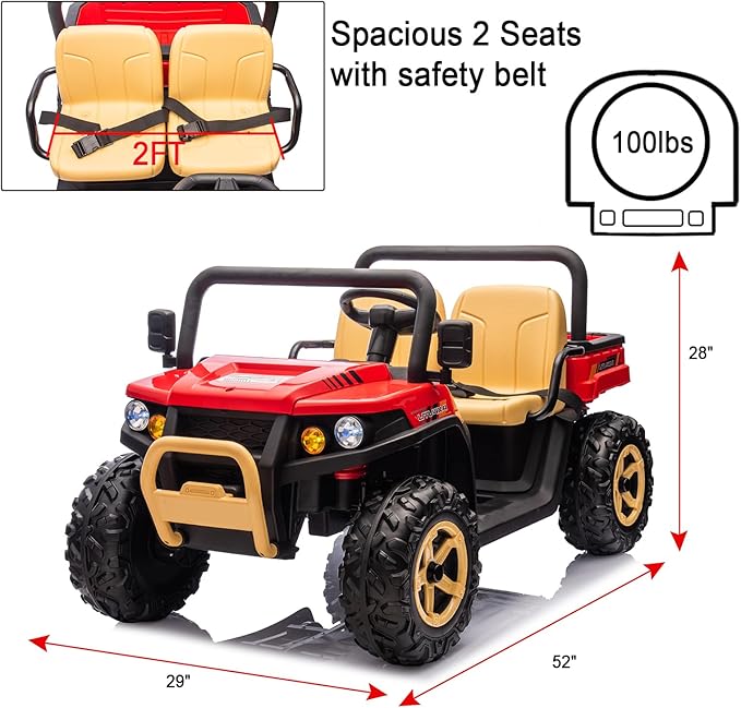 POSTACK 24V 2 Seats Side by Side Ride On Dump Truck 4x4 Kids UTV for Toddlers Ride On Toy Car with Remote Control Electric Car with Rubber-Plastic Polymerized EVA Tire, Electric Dump Bed, Music, Red