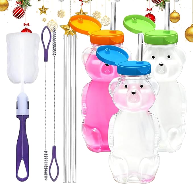 Bear Cup with Straw | 230Ml Water Bottle with Lid | Transparent Cute Leakproof Bear Coffee Cup - for Women Kids Girls Iced Coffee Milk Tea Drinks