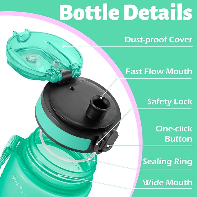 OLDLEY 25 oz Water Bottle, Motivational Water Bottle with Time Marker, Sports Water Bottle With Strap, Leakproof & BPA Free Large Water Bottles for School, Gym, Travel, Outdoor, Tritan,Green&Purple