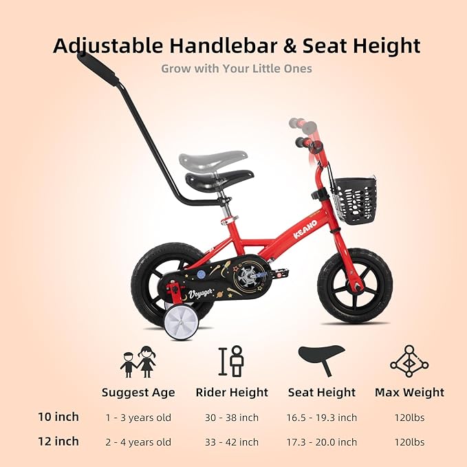 KEANO Voyager 10 12 Inch Kids Bike for Boys and Girls Ages 1-4 Years, Toddler Bike with Training Wheels & Basket, Detachable Parent Push Handle, Children Bicycle