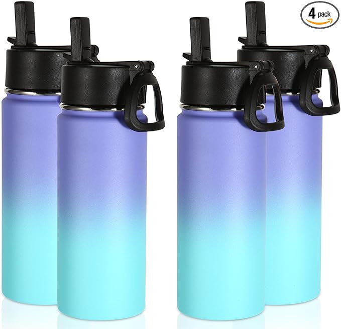 Volhoply 16 OZ Kids Water Bottle Bulk 4 Pack,Insulated Sports Bottles with Straw Lid,Stainless Steel Bottle with Handle Keep Cold & Hot,Double Wall Vacuum Tumbler Cups for School(Purple Blue, 4)