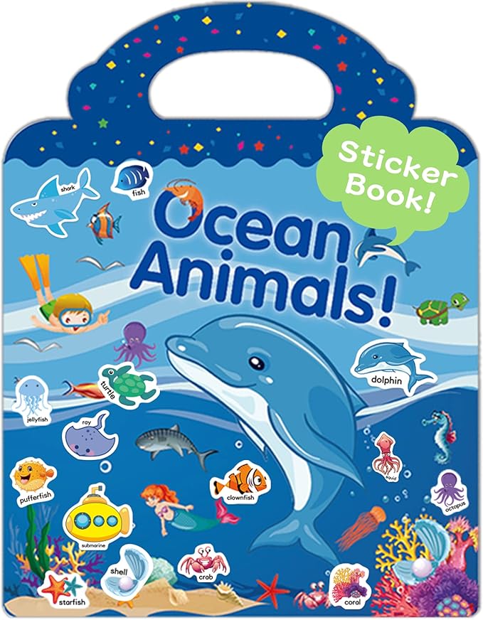 Benresive Reusable Sticker Book for Toddlers 2-4 Years, Fun Travel Stickers for Kids, Waterproof Sticker Books for Toddlers 1-3, Crafts Activities for Toddler 1-3 2-4 3-5 - Ocean Animals