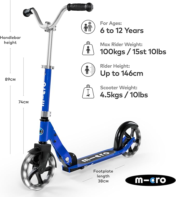 Micro Kickboard - Micro Cruiser LED - Two Wheeled, Fold-to-Carry Swiss-Designed Micro Scooter for Kids with Smooth Gliding Light-Up, Large Wheels for Ages 6+