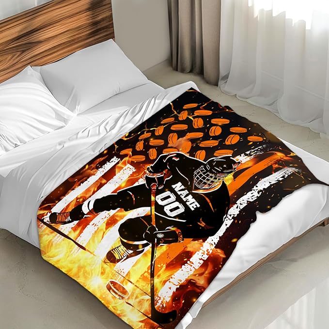 Personalized Name Blanket for Boys, Ice Hockey Throw Blanket Gift for Kids Teens Ice Hockey Lovers, Custom 50x40 Inches Sport Blankets for Couch Sofa Bed
