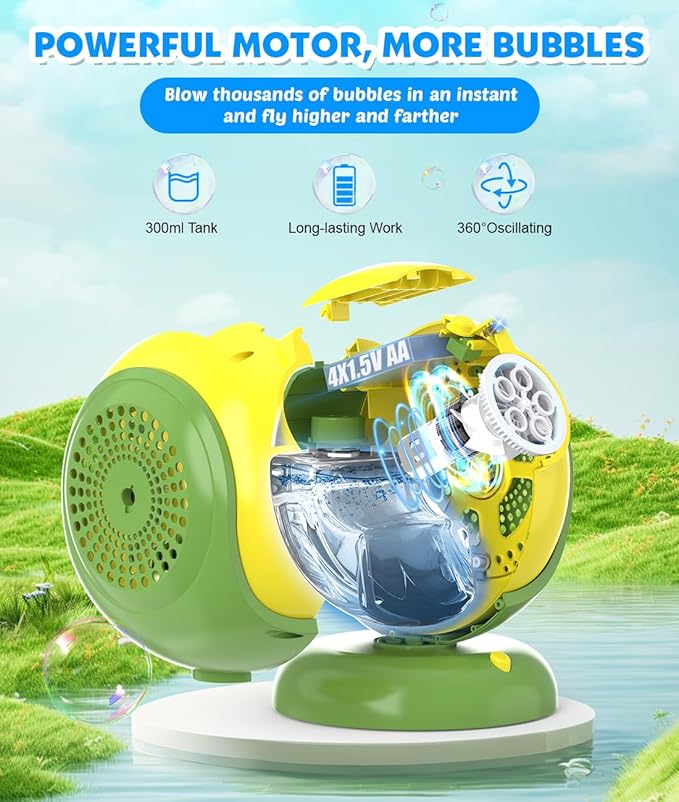 Bubble Machine, Automatic Bubbles Blower, 360° Rotation, 75° Adjustment, LED Light, with Handle - Bubble Toys for Kids, Toddlers - Gifts for Boys, Halloween, Outdoor, Birthday, Party Use