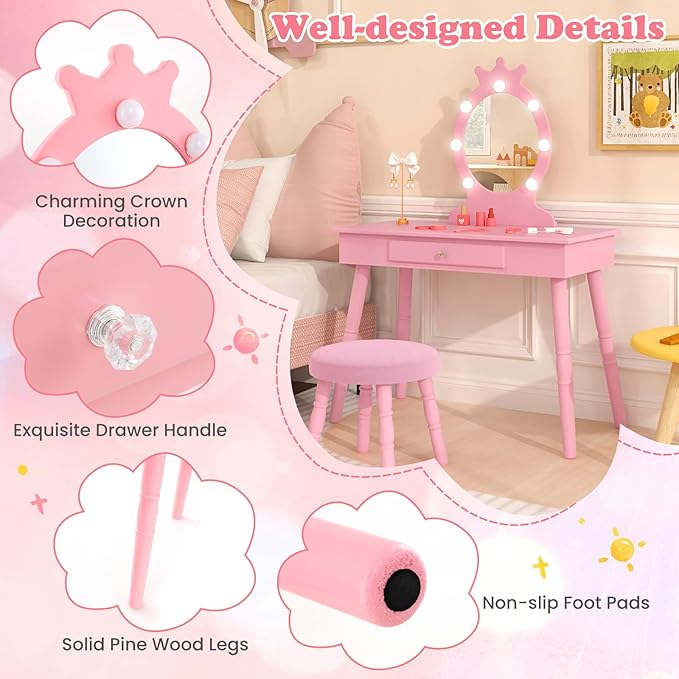 HONEY JOY Kids Vanity with Lights, Princess Wooden Makeup Table & Stool with Drawer, 3-Color LED Lights, Toddler Dressing Vanity for Little Girls, Pretend Play Kids Vanity Table and Chair Set (Pink)