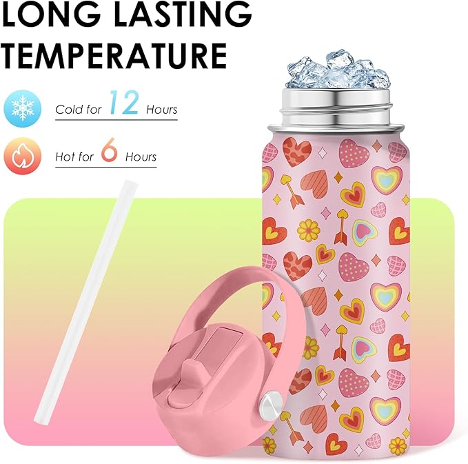 Heart Gifts for Kids - 16 Oz Kids Water Bottle with Straw Lid, Stainless Steel Insulated Tumbler, Leak Proof, BPA-Free, for Girls, School, Travel - Heart Pattern Children Birthday Gifts Cups(1pc)