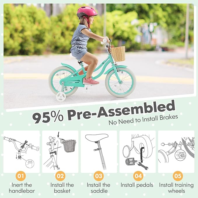 COSTWAY Kids Bike, 14 16 18 Inch Toddler Bike with Training Wheels, Basket, Adjustable Seat & Handlebar, Hand & Coaster Brakes, Bell, for Girl Boy Aged 3-8 Years Old