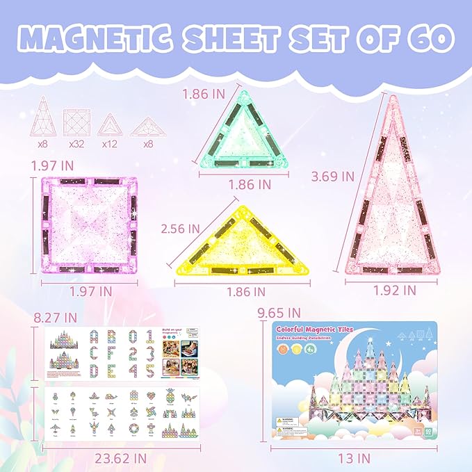 Large-Size Glitter Diamond Magnetic Tiles 60 Pcs Magnetic Block Set with Storage Box STEM Educational Sensory Toy Preschool Building Toy for Toddlers Christmas Kids Ages 2 3 4 5 6 7 8 9