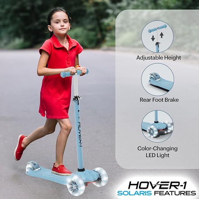 Hover-1 Solaris Kick Scooter with Multicolor Wheel Lights, 4.5” Front Wheels, Rear Foot Brake, and 110 Pound Weight Capacity