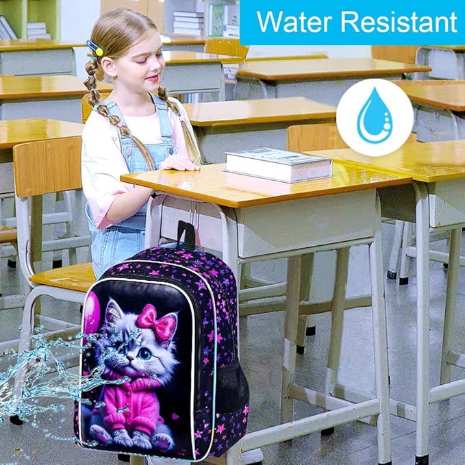 CCJPX 3Pcs Cat Backpack for Girls, 16” Kids Bookbag with Lunch Box, Water Resistant Elementary School Bag for Kindergarten Preschool Toddler (Black)