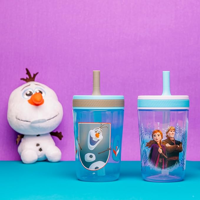 Zak Designs Disney Frozen II Movie Kelso Tumbler Set, Leak-Proof Screw-On Lid with Straw, Made of Durable Plastic and Silicone, Perfect Bundle for Kids (Frozen 2 Olaf, 15 oz, 2pc Set)