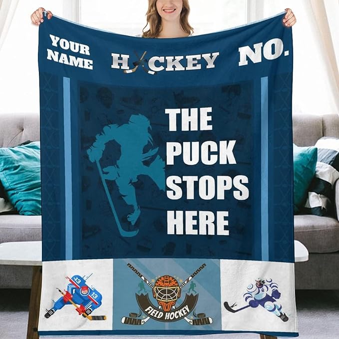 Personalized Hockey Gifts - Ice Hockey Blanket for Boys - Custom Kids Throw Blankets for Girls - 60"x80" Soft Plush Throws for Couch, Office