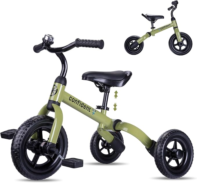 YGJT 3 in 1 Tricycle for Toddlers Age 2-5 Years Old, Folding Kids Balance Bike with Adjustable Seat and Removable Pedal, Toddler Bike Ride-on Toys for Infant, Gifts for Baby Boys Girls(Army Green)