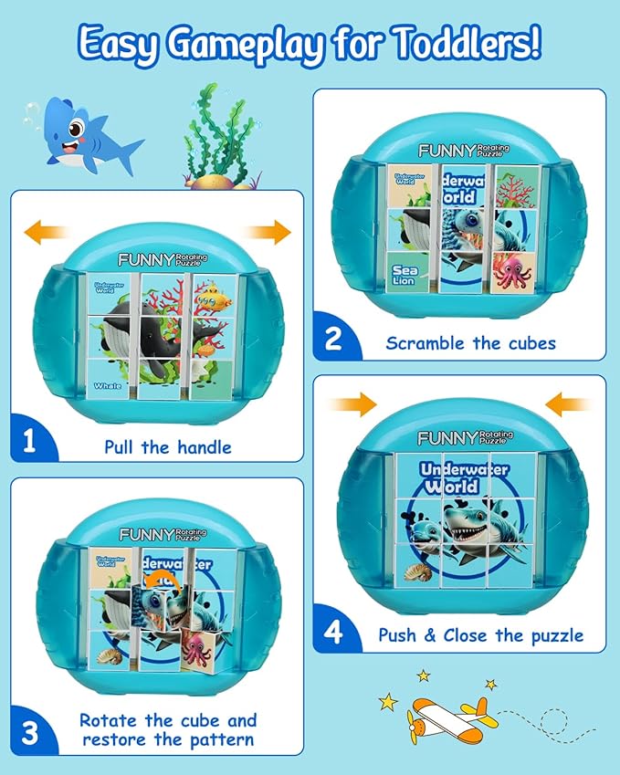 Rotating 3D Puzzle for Kids 3 4 5 6 7 Year Old, 4 Puzzles in 1, Handheld Game Fidget Toys for Travel, Cars & Plane, Fine Motor Skills Developing (Marine Life)