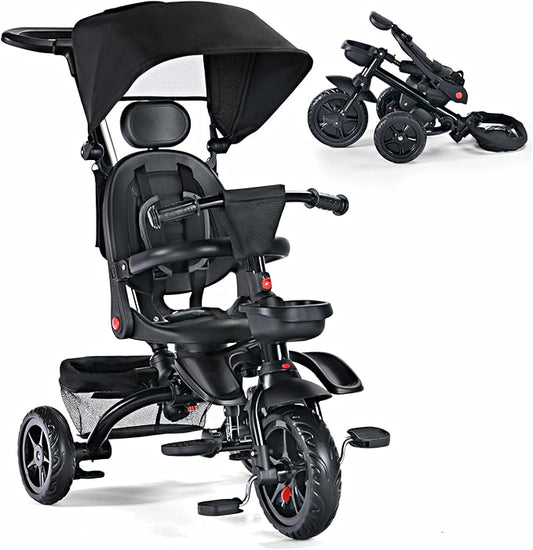 Folding Kids' Tricycle, 8 IN1 Baby Trike W/Removable Canpoy&Parental Push Rod, Toddler Bike Stroller for Kids 1-5 Years, 360° Swivel Seat, EVA Wheels，Storage Basket, Black