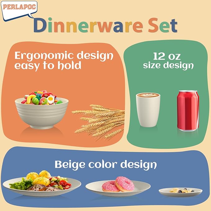 Dinnerware Sets 40 PCS Wheat Straw Plates and Bowls Sets With Cups Service for 8 Microwave Safe Dishes for Kitchen Lightweight Dish Set for RV Outdoor Activities Travel - Beige Colors