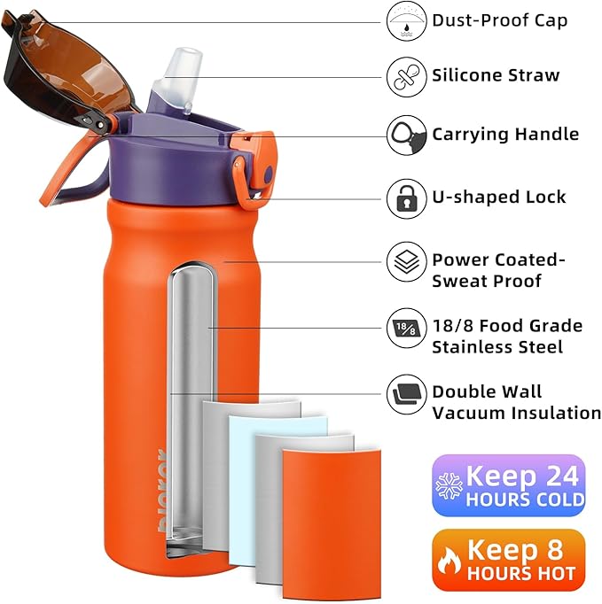 BJPKPK Insulated Water Bottle 18oz Stainless Steel Water Bottles with Straw and Carry Handle Double Wall Metal Thermal Flask,Orange