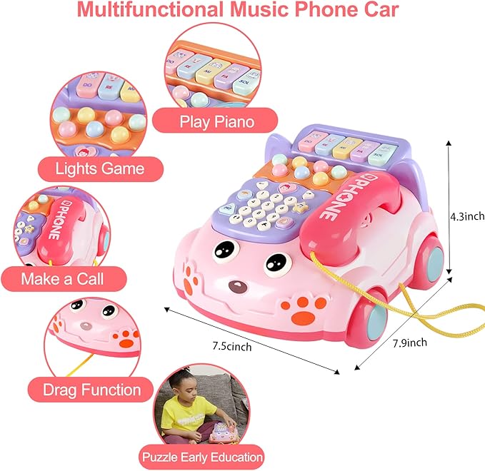 Baby Phone Toy,Baby Toy Phone Cartoon Baby Piano Music Light Toy Children Pretend Phone, Kids Cell Phone Girl with Light Parent-Child Interactive Toy Gift Game Boy Girl Early Education Gift Pink 18M+