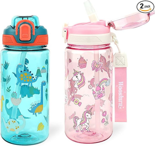 Kids Water Bottle for School or Travel, 20 Oz 2 Pack Durable Plastic Water Bottle with Silicone Straw and Pop-Up Spout Cover, BPA Free & Dishwasher Safe(Unicorn & Dinosaur)
