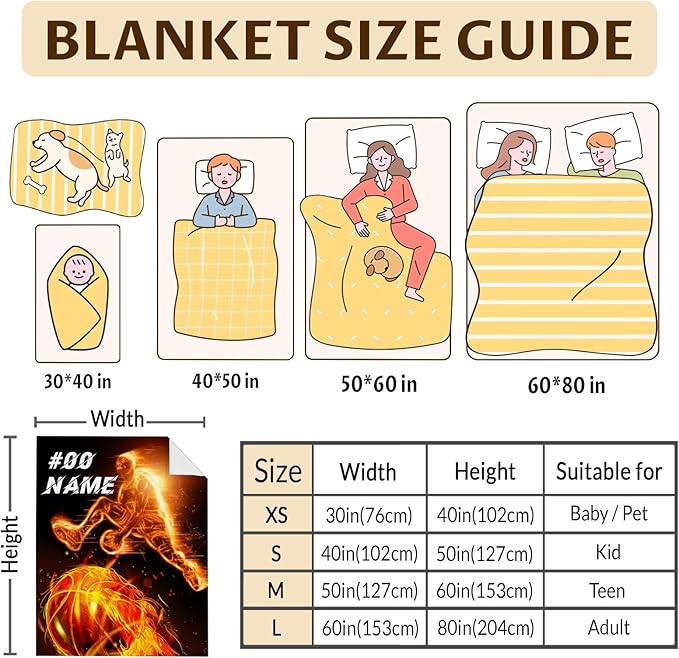 Personalized Basketball Blanket, Adults Blanket, 80 x 60 Inches Basketball Throw Blanket, Gift for Kids, Adults, Warm Lightweight Flannel Throw Blanket for Bed, Living Room Sofa