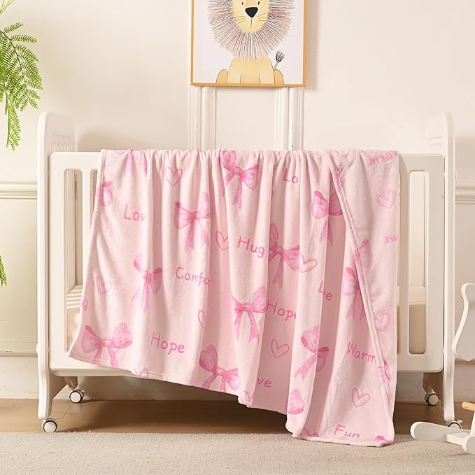 Lotus Karen Pink Bow Glow in The Dark Love Blanket Birthday Gifts for Girls 1 2 3 4 5 6 7 8 9 10 11 12 Kids Blanket with Heart Halloween Christmas Girl Gifts Ideas Cute Bedroom Decor（Pink Bow 50"×60"