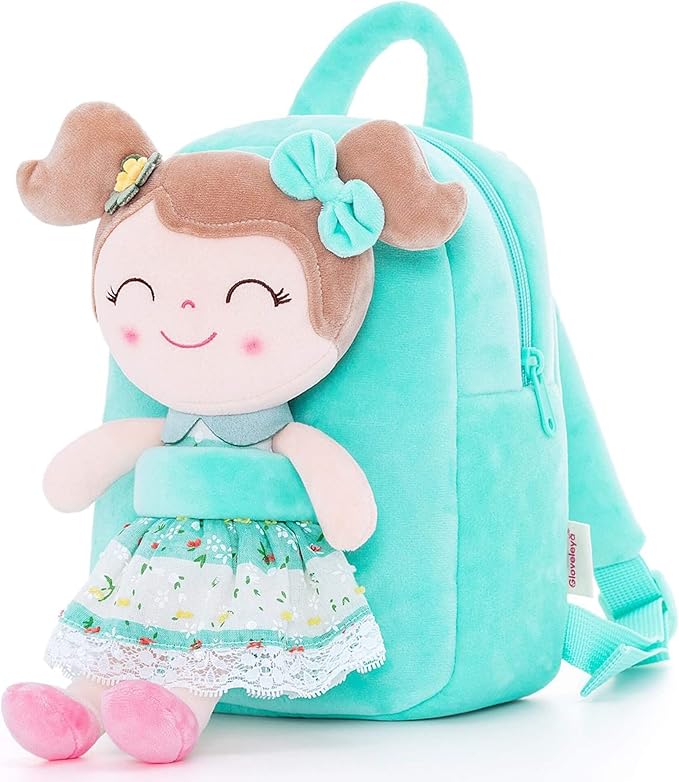 Gloveleya Kids Backpacks Girls Backpack Plush Bags with Soft Baby Doll Green 9"