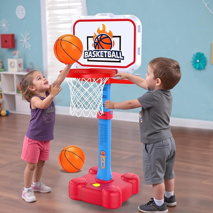 Tsomtto 4 in 1 Kids Basketball Hoop & T Ball Set Indoor Outdoor Toys for Toddlers 1-3 Adjustable Toddler Pool Basketball Hoop Goal Sports Outside Play Toys for 1 2 Year Old Boys Girls Birthday Gifts