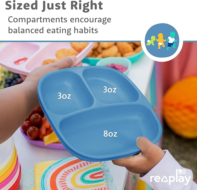 Re-Play Toddler Plates with Dividers - Deep-Walled 3 Compartments Divided Plates for Kids - Dishwasher & Microwave Safe - Made in USA - Set of 4-7.37" x 7.37" x 1.25" - Denim