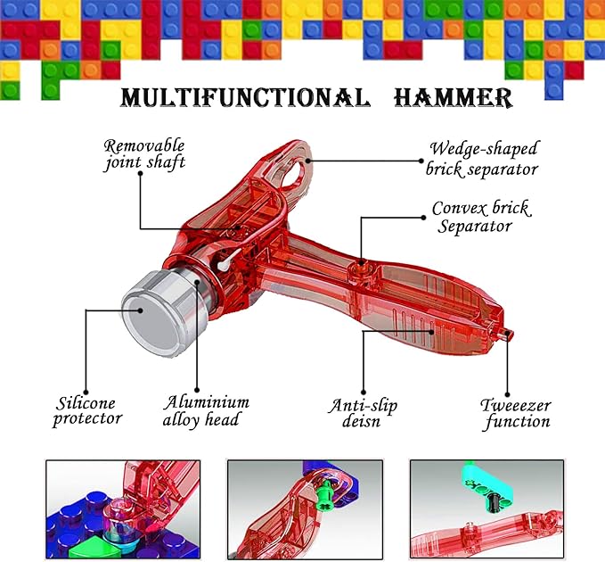 Building Blocks Tool Kit - Brick Separator, Mini Blocks Tool Set - Multi-Functional Hammer, Pliers, Tweezers, Finger Protectors with Tin Box (Pink)