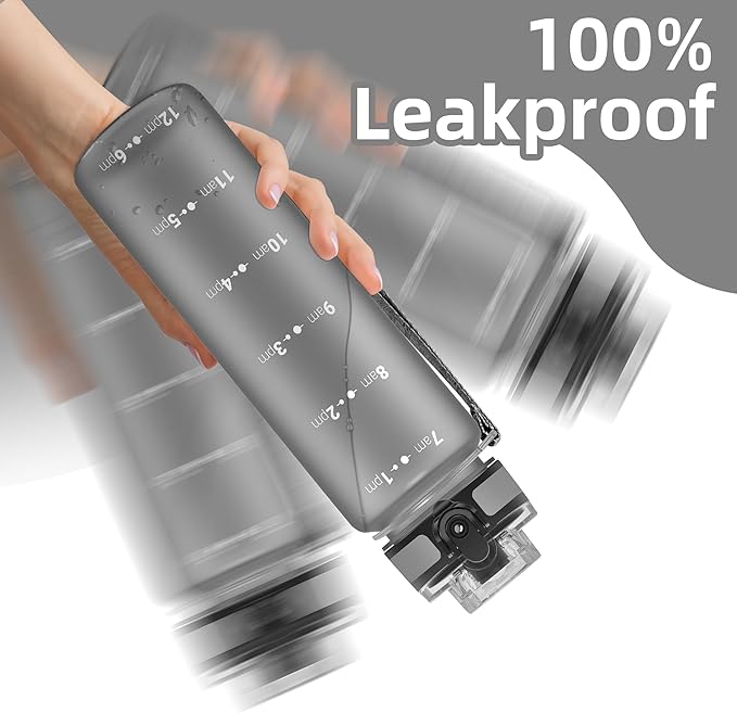 OLDLEY 32 oz Water Bottle, Motivational Water Bottle with Time Marker, Sports Water Bottle With Strap, Leakproof & BPA Free Large Water Bottles for School, Gym, Travel, Outdoor, Tritan,Gray