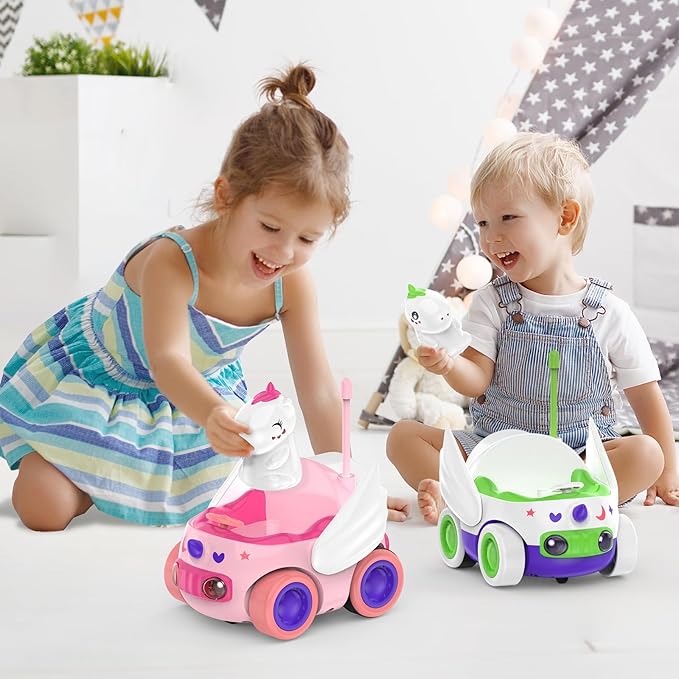 2 Pack Unicorn Remote Control Car for Toddler, Unicorns Gifts for Girls and Boys, Car Toys for Kids with LED Lights and Music, Christmas Birthday Gifts for Baby 2 3 4 5 Year Old
